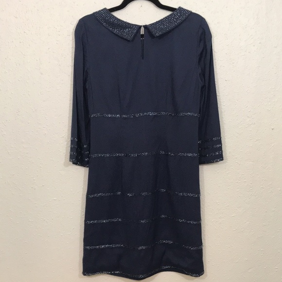 Boden Navy Blue Beaded 3/4 Sleeve Peter Pan Collar Cocktail Dress size 6 - Picture 4 of 14